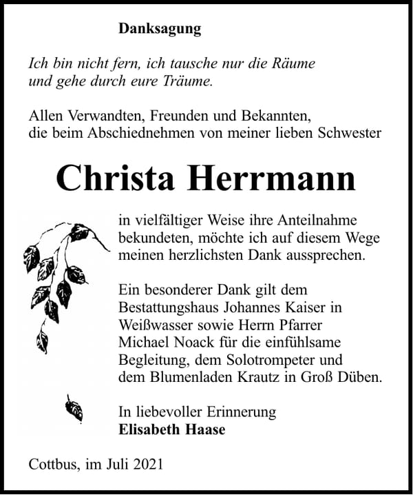 Danksagung Christa Herrmann