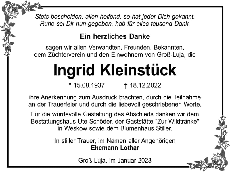 Danksagung Ingrid Kleinstück