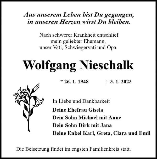 Traueranzeige Wolfgang Nieschalk