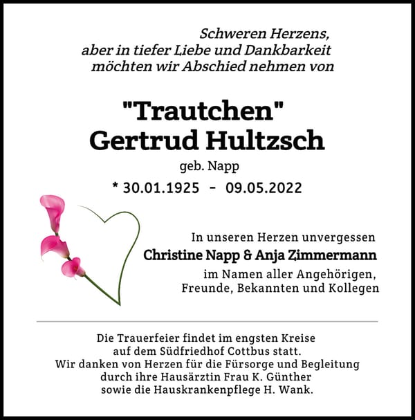 Traueranzeige Gertrud „Trautchen“ Hultzsch, geb. Napp