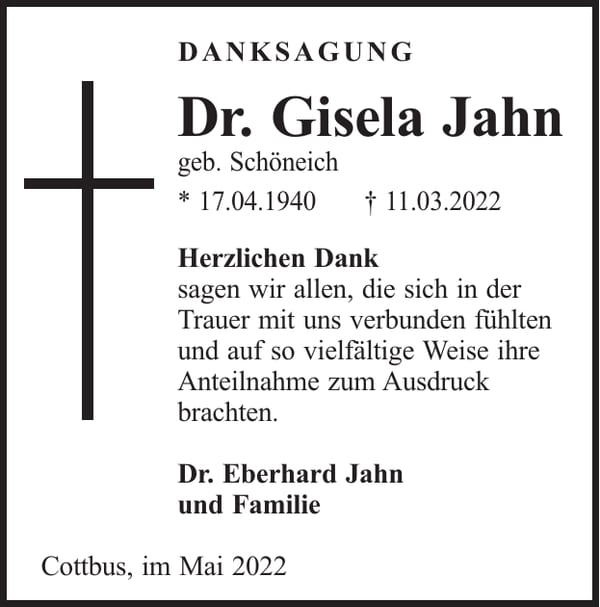 Traueranzeige Dr. Gisela Jahn, geb. Schöneich