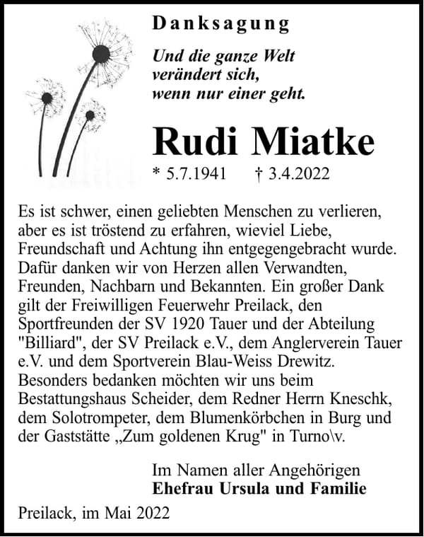 Traueranzeige Rudi Miatke