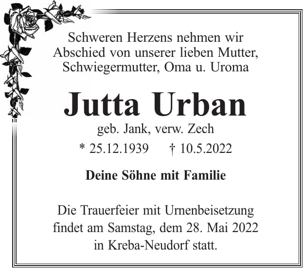 Traueranzeige Jutta Urban, geb. Jank