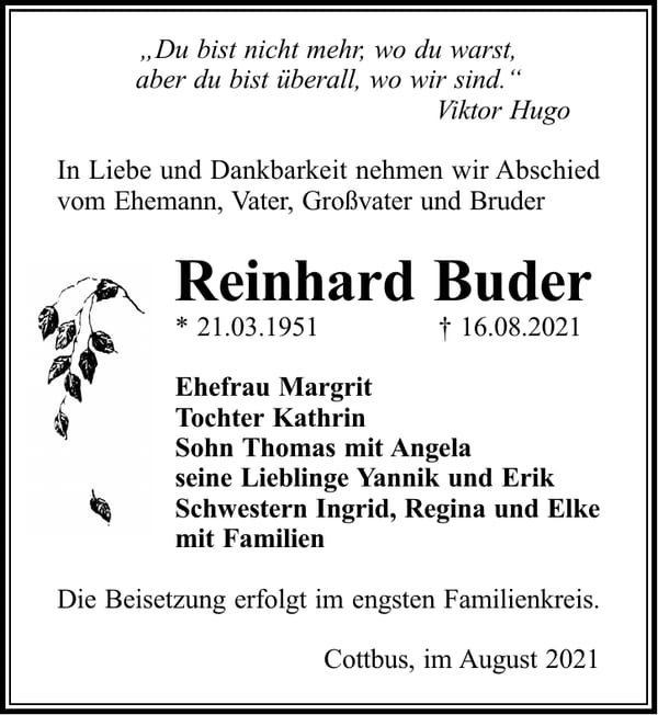 Traueranzeige Reinhard Buder