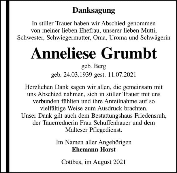 Danksagung Anneliese Grumbt, geb. Berg