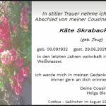 Traueranzeige Käte Skraback, geb. Zeug