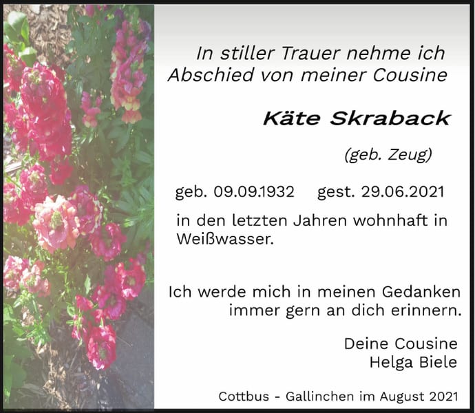 Traueranzeige Käte Skraback, geb. Zeug