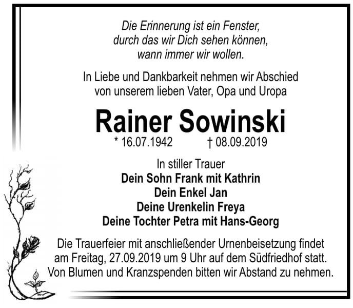 Traueranzeige Rainer Sowinski