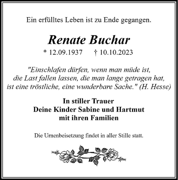 Traueranzeige Renate Buchar