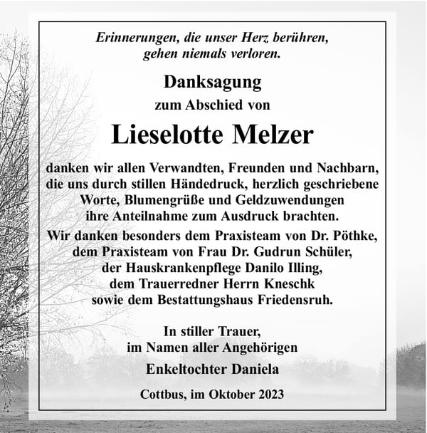 Danksagung Lieselotte Melzer