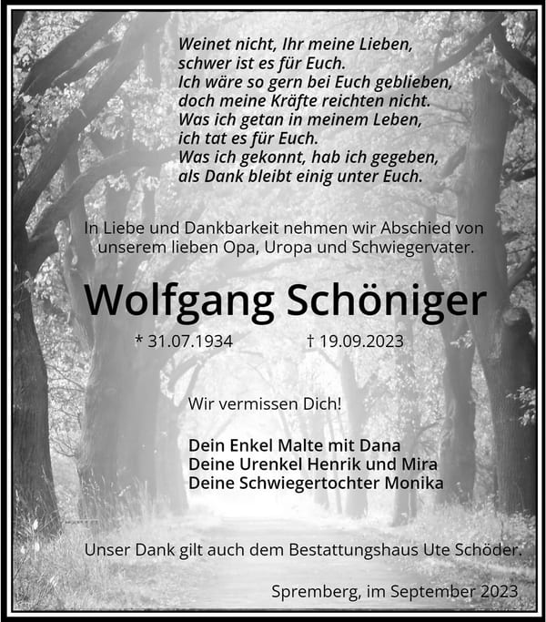 Traueranzeige Wolfgang Schöniger