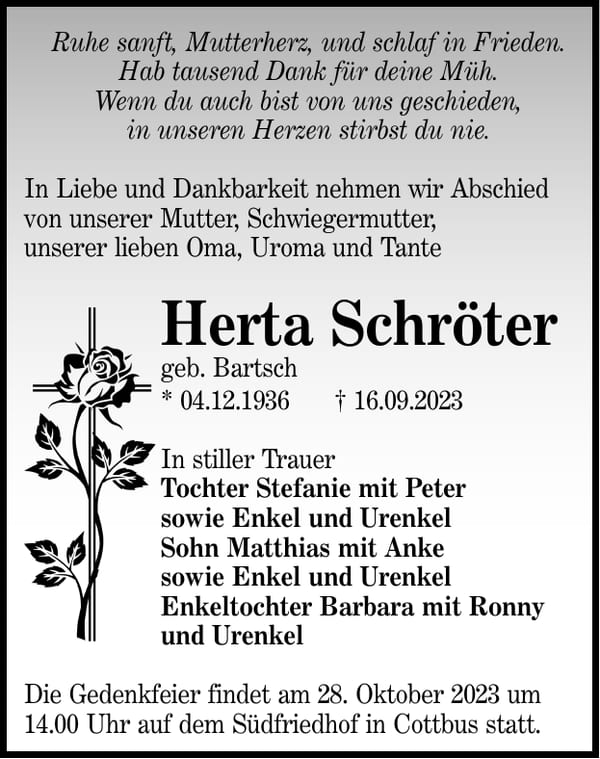 Traueranzeige Herta Schröter, geb. Bartsch