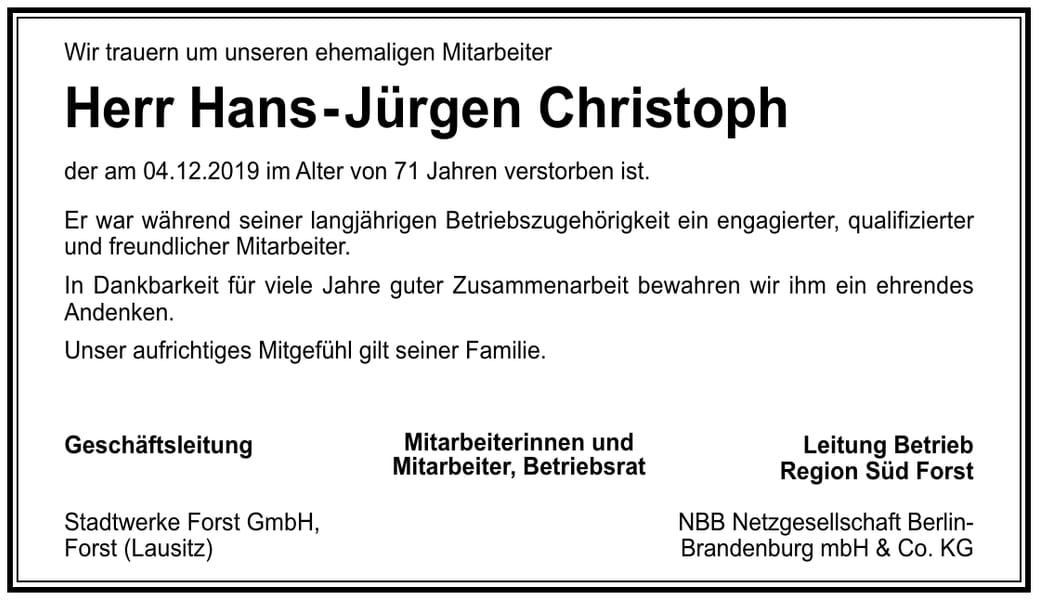 Traueranzeige Herr Hans-Jürgen Christoph