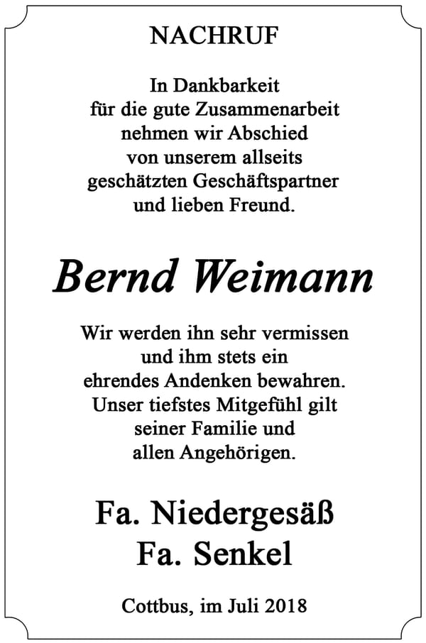 Nachruf Bernd Weimann