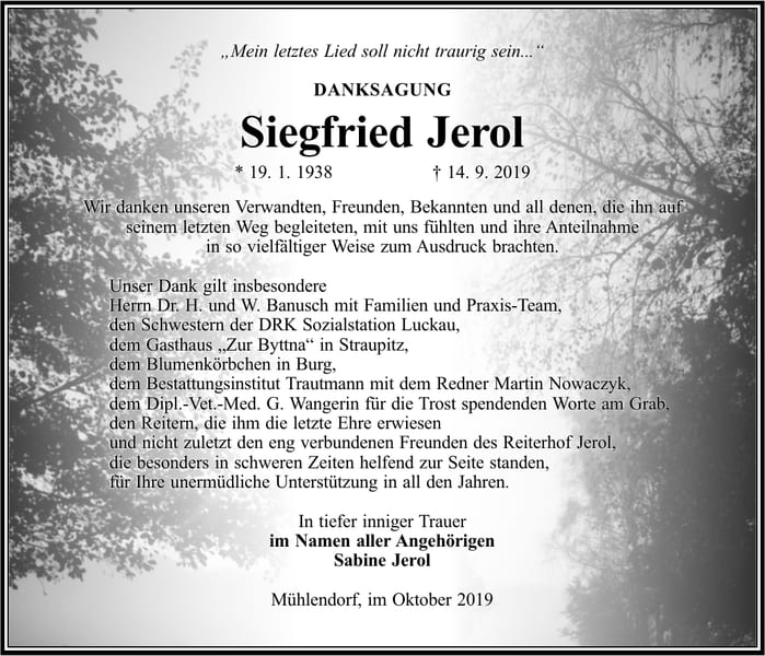 Traueranzeige Siegfried Jerol