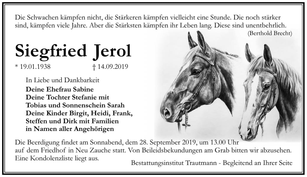 Traueranzeige Siegfried Jerol