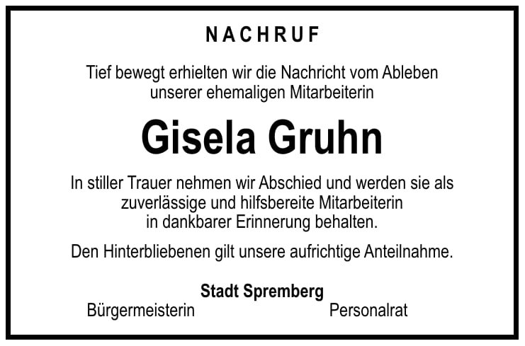 Traueranzeige Gisela Gruhn