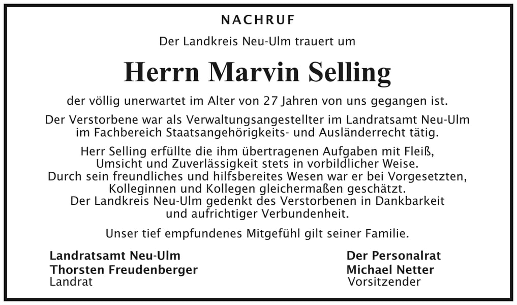 Nachruf Marvin Selling