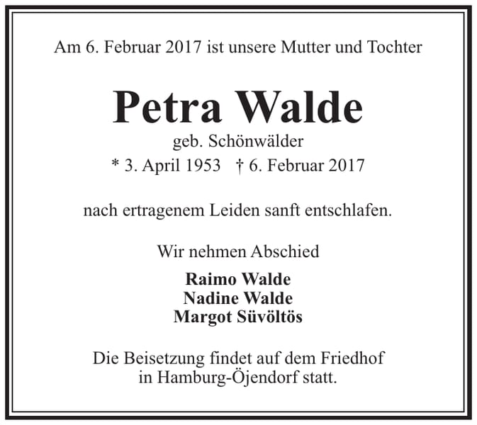 Traueranzeige Petra Walde, geb. Schönwälder