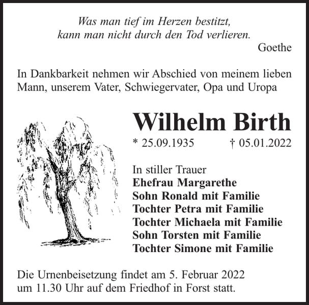 Traueranzeige Wilhelm Birth