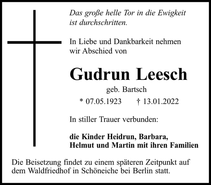 Traueranzeige Gudrun Leesch, geb. Bartsch