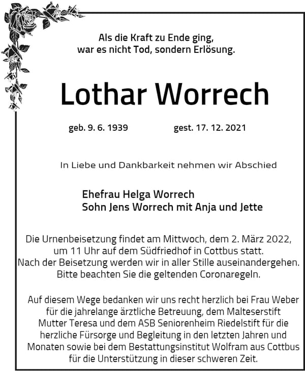 Traueranzeige Lothar Worrech