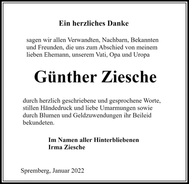 Danksagung Günther Ziesche