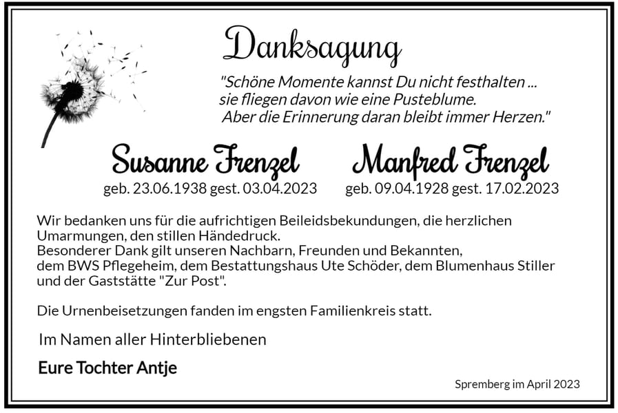 Danksagung Susanne und Manfred Frenzel