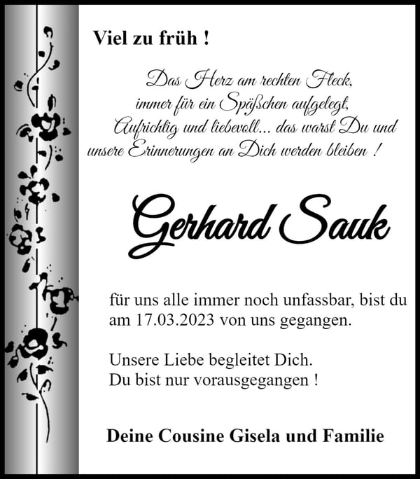Traueranzeige Gerhard Sauk