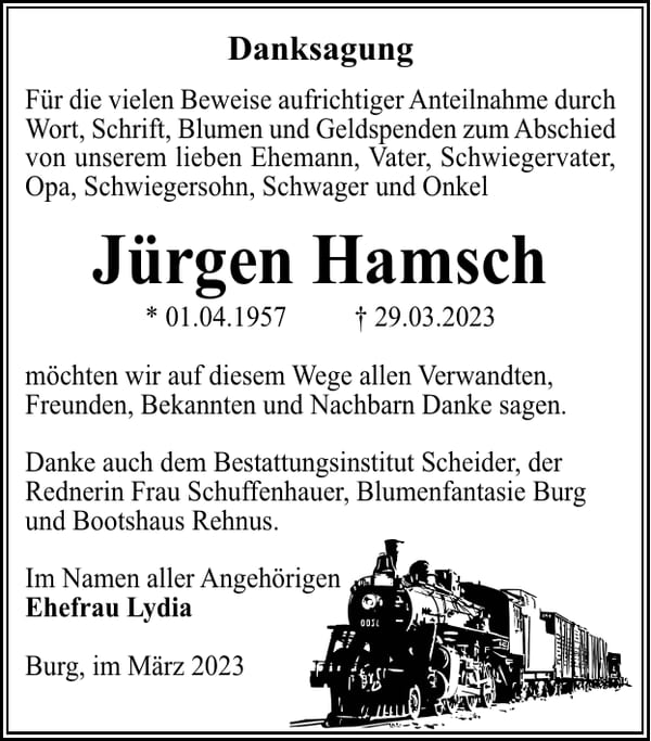 Danksagung Jürgen Hamsch