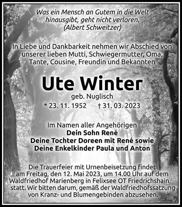 Traueranzeige Ute Winter, geb. Nuglisch