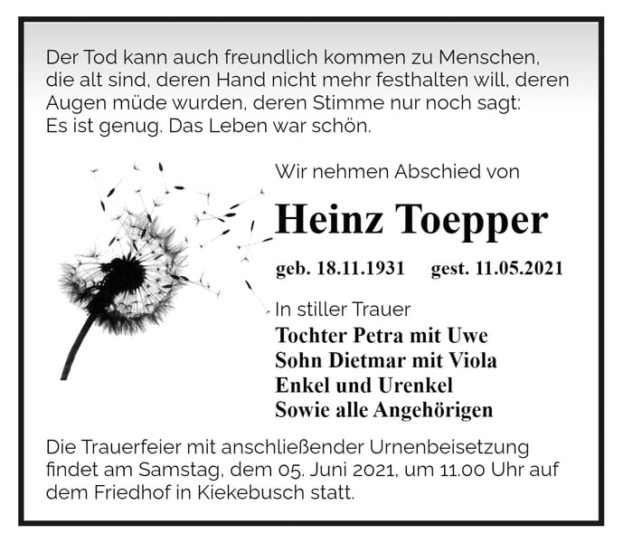 Traueranzeige Heinz Toepper