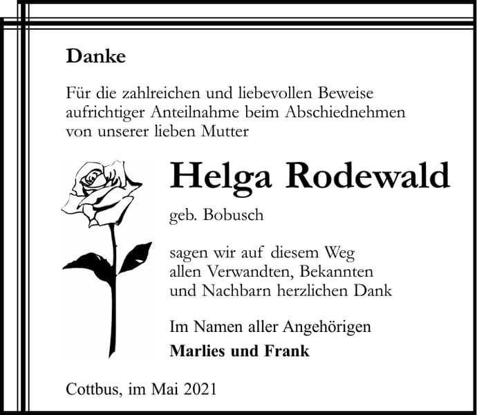 Danksagung Helga Rodewald, geb. Bobusch