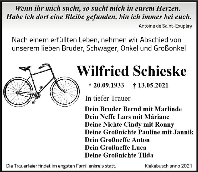 Traueranzeige Wilfried Schieske