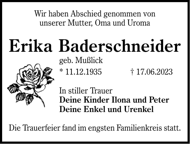 Traueranzeige Erika Baderschneider, geb. Mußlick