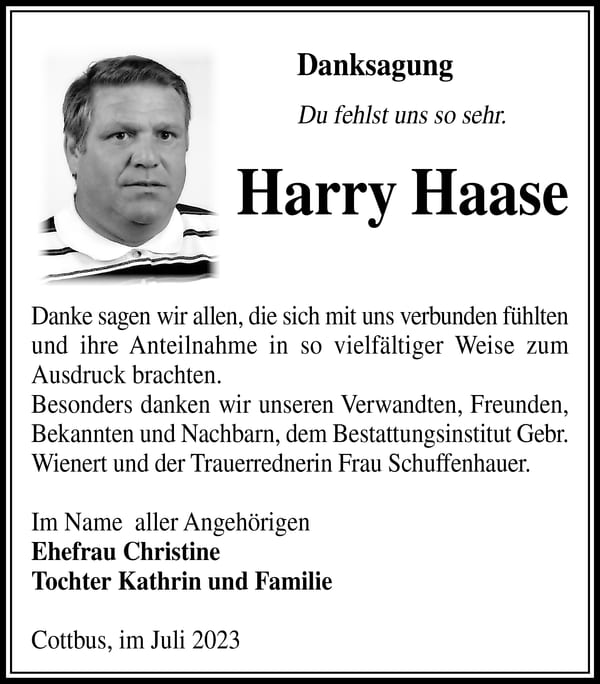 Danksagung Harry Haase