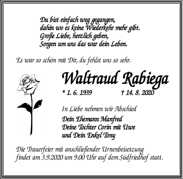 Traueranzeige Waltraud Rabiega