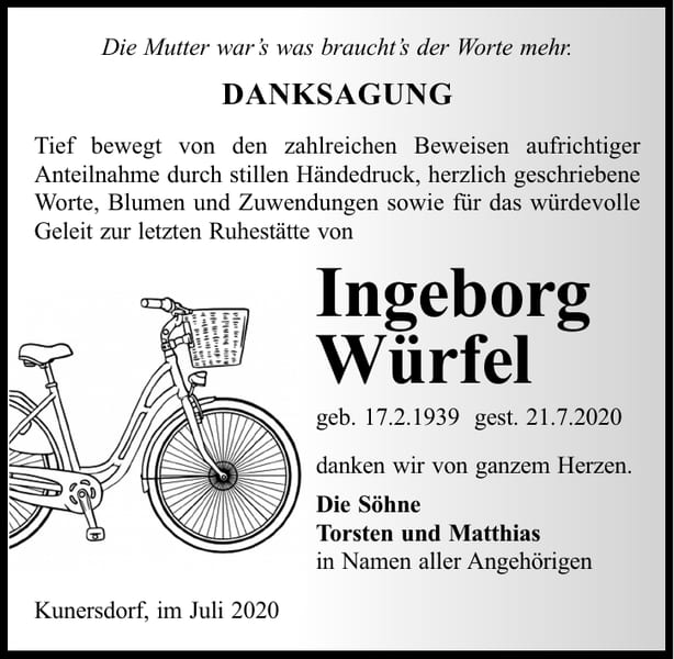 Danksagung Ingeborg Würfel