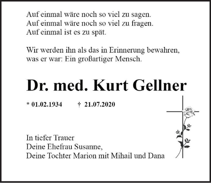 Traueranzeige Dr. med. Kurt Gellner