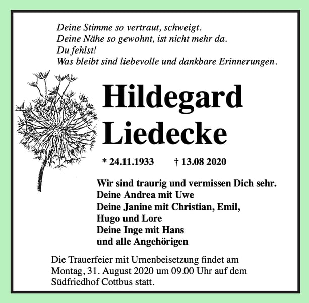 Traueranzeige Hildegard Liedecke