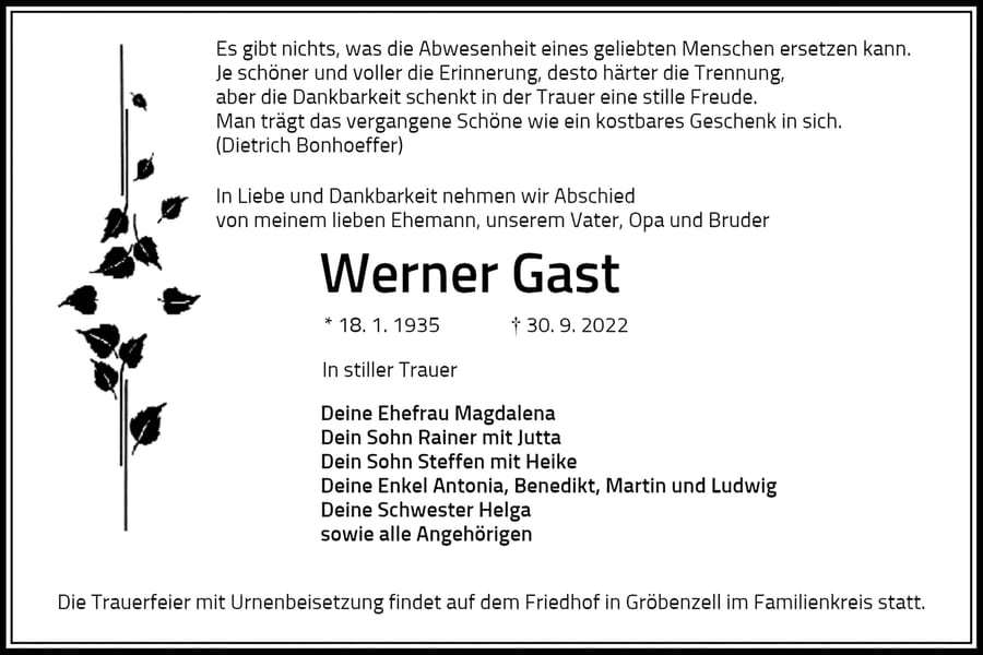 Traueranzeige Werner Gast