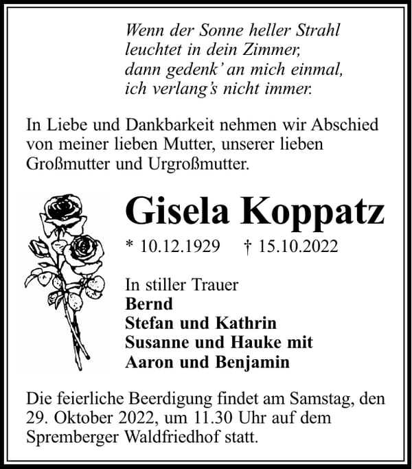 Traueranzeige Gisela Koppatz