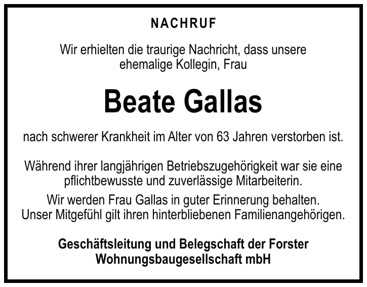 Nachruf Beate Gallas
