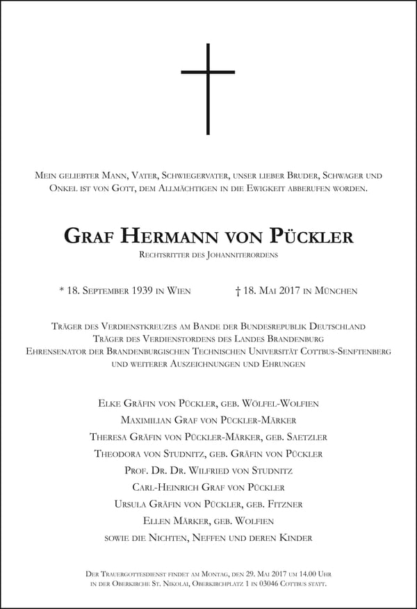 Traueranzeige Graf Hermann von Pückler