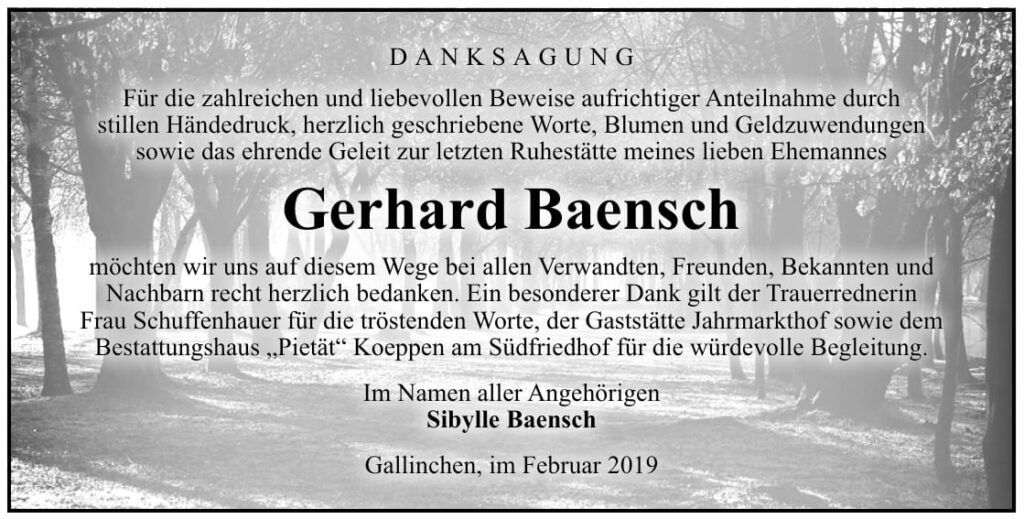 Traueranzeige Gerhard Baensch