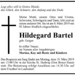 Traueranzeige Hildegard Bartel, geb. Geiger