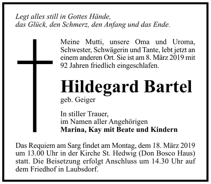 Traueranzeige Hildegard Bartel, geb. Geiger