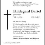 Traueranzeige Hildegard Bartel, geb. Geiger