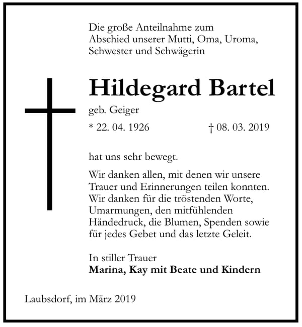 Traueranzeige Hildegard Bartel, geb. Geiger