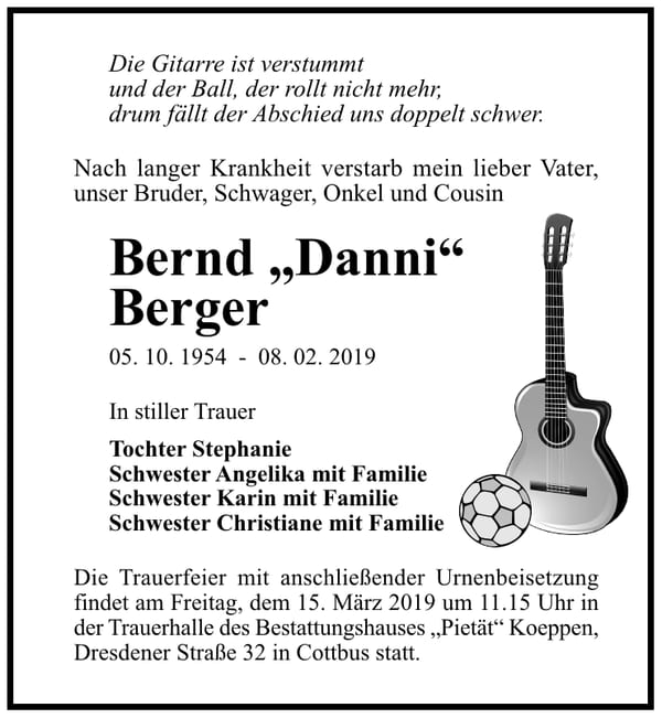 Traueranzeige Bernd „Danni“ Berger